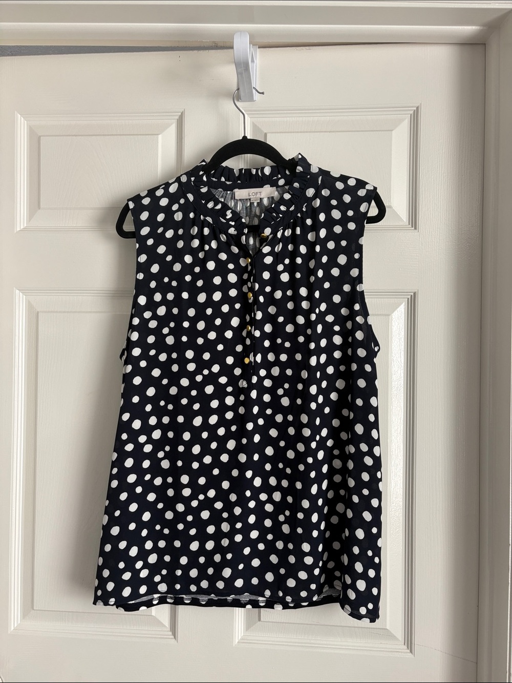 LOFT Navy and White Polka Dot Sleeveless Ruffle-Trim Blouse